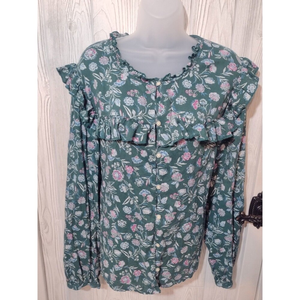 Gap Blouse Top Size XXL Green Floral Ruffle Button Front Longsleeve